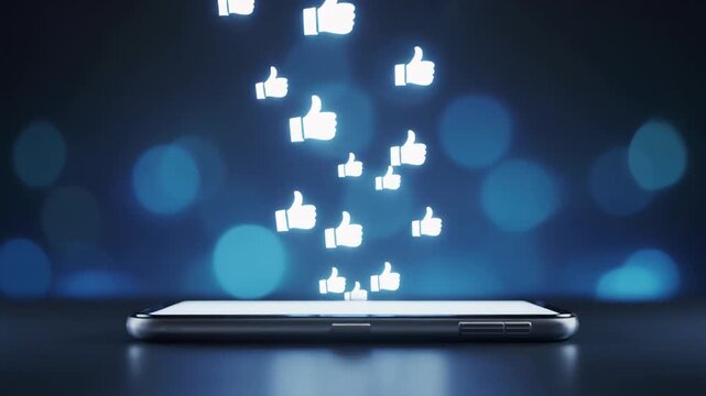 Small glowing generic thumbs-up icons floating slowly upward from a smartphone