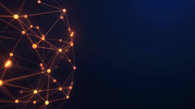 Three-dimensional network of small orange and amber glowing nodes and lines
