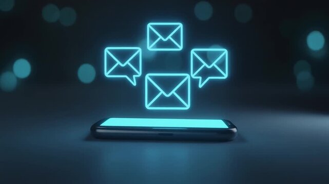 Small glowing envelope and speech bubble icons slowly rising together from smartphone