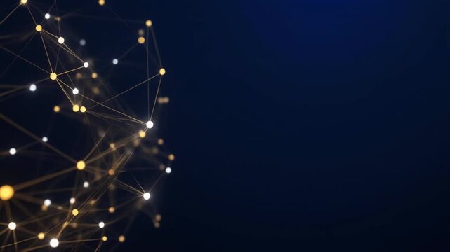 Three-dimensional network of small gold and white glowing nodes and lines