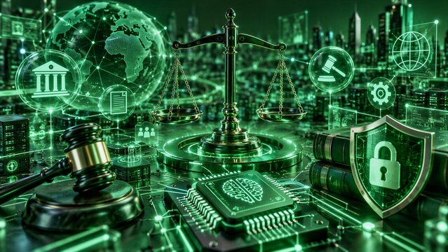 Digital justice and technology governance symbols with scales, AI chip, security shield, and legal icons in a futuristic interface.