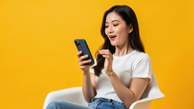 Astonishment on a Bright Screen: A young woman with an expressive face sits in a white chair against a vibrant yellow backdrop, captivated by the contents of her smartphone.