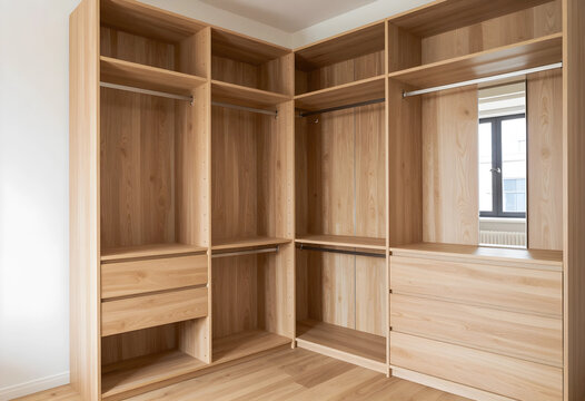 Home organization and interior design, custom wooden walk-in closet with drawers and shelves in a modern bedroom for efficient storage and lifestyle
