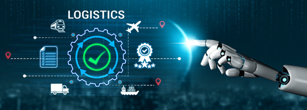 A robotic hand interacts with digital logistics icons symbolizing supply chain management, representing innovation and efficiency in transportation and delivery systems. Nascent