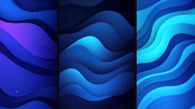 Abstract Blue Wave Backgrounds: A triptych of abstract wavy designs in shades of blue and purple, creating a modern and fluid visual with a subtle ethereal glow.