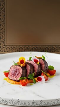 Gourmet Malagasy Seared Zebu Tenderloin with Ginger Tomato Emulsion and Edible Hibiscus on White Marble