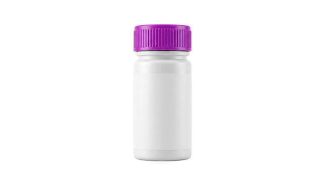 Small white plastic bottle with a vibrant purple cap, a compact container for medicine or supplements. Versatile packaging for health, beauty, and pharmaceutical products.