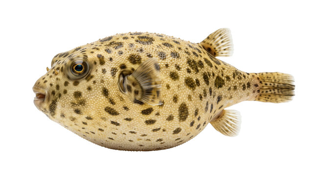 Pufferfish isolated on white, a tropical marine fish with unique spotted skin texture. A venomous aquatic creature, perfect for educational content and wildlife photography.