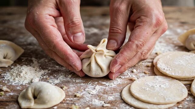 Close up of hands carefully folding and shaping dough to make traditional dumplings on a rustic wooden table dusted with flour