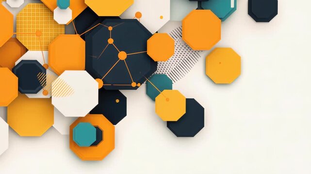 Geometric Harmony: An abstract composition of colorful octagons and interconnected nodes creates a modern and dynamic visual, hinting at data and structure.
