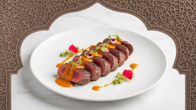 Gourmet Malagasy Seared Zebu Tenderloin with Ginger Tomato Emulsion and Edible Hibiscus on White Marble