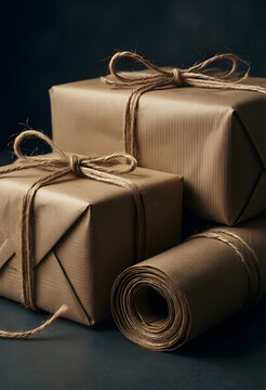 Sustainability and eco friendly packaging, brown paper gift boxes with twine string for zero waste holidays and minimalist sustainable consumerism