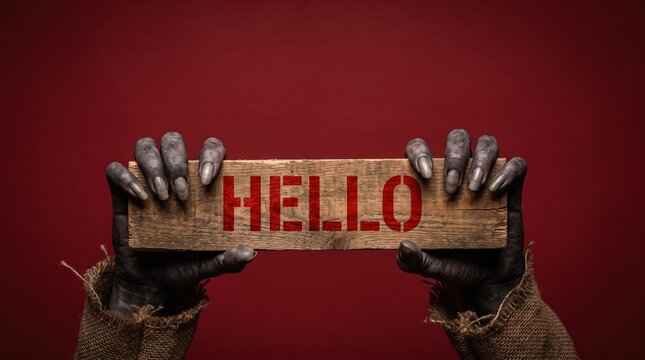Scary zombie hands holding wooden board with hello sign on red background, horror photo.
