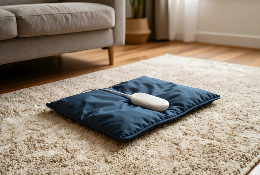 Pain relief and physical therapy, electric heating pad for muscle recovery and home wellness treatment on a living room rug in a comfortable interior