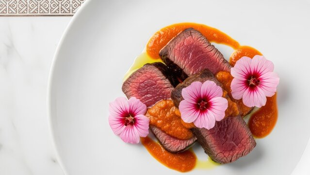 Gourmet Malagasy Seared Zebu Tenderloin with Ginger Tomato Emulsion and Edible Hibiscus on White Marble