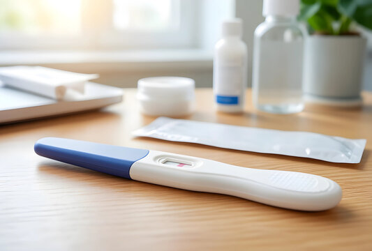 Pregnancy test result, fertility and reproductive health with medical supplies on a wooden desk in a bright home or clinic environment