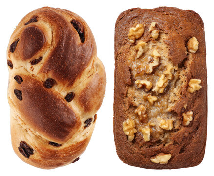 PNG Freshly baked raisin and walnut breads on display on transparent background