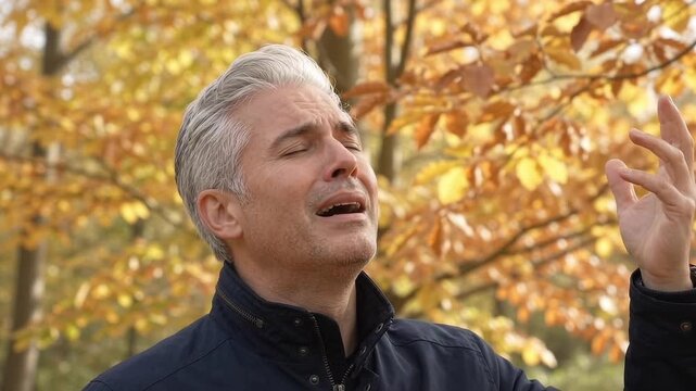 Gray haired man holds an open hand beside his face, tilts his head upward and opens his mouth with eyes closed, wearing a navy jacket against softly blurred golden foliage outdoors in autumn.