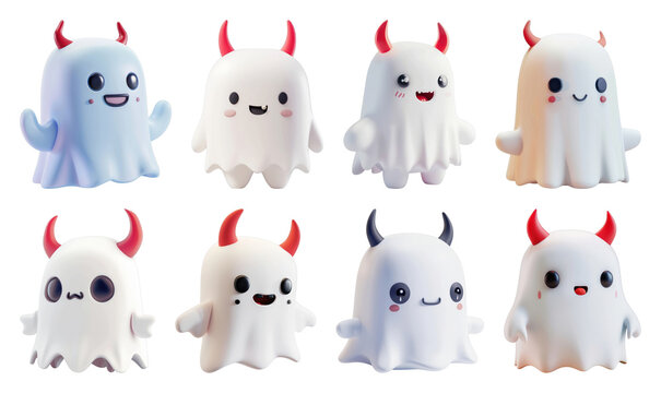 PNG Cute ghost characters with playful devil horns on transparent background