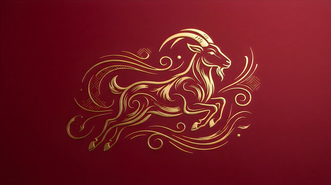 Ornate gold goat illustration on a solid dark red background with astrological sign