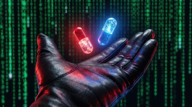 Action of red and blue pills floating above a black gloved hand in a digital binary code environment.