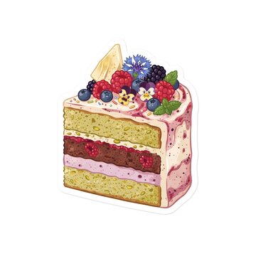 Delicious berry cake slice with cream sticker, sweet food vector art