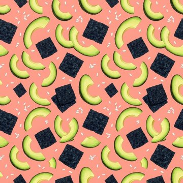 Seamless pattern of avocado slices and nori sheets on a coral