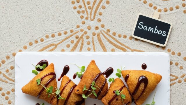 Gourmet Vegan Malagasy Sambos Fried Lentil Dumplings with Chalkboard Sign and Copy Space