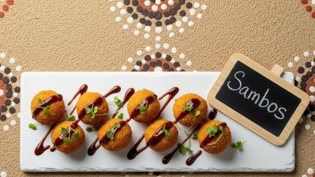 Gourmet Vegan Malagasy Sambos Fried Lentil Dumplings with Chalkboard Sign and Copy Space