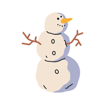 Cute snowman , hand drawn in a simple flat doodle style. Cheerful Christmas and winter vector sticker character.