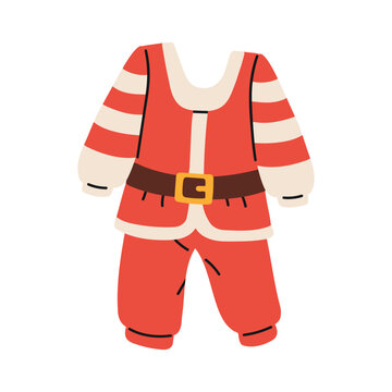 Cute Santa Claus costume for children with red suit, white fur trim and belt. Flat doodle vector sticker illustration for Christmas parties, carnival and festive holiday designs.