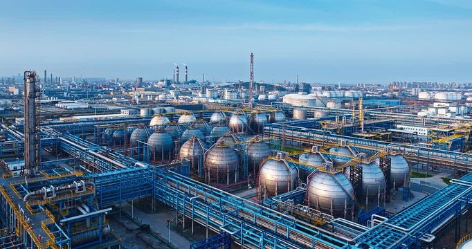 Panoramic aerial view shows a massive chemical plant featuring spherical storage tanks and complex steel pipelines under a bright blue daytime sky.