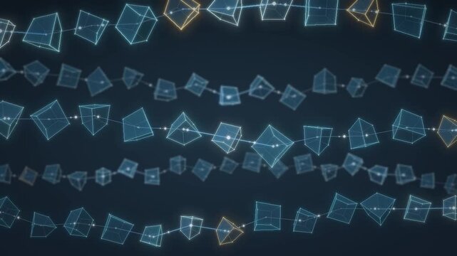 Blockchain cubes glowing wireframe blocks linked in a digital data network seamless loop in rich cyan tones