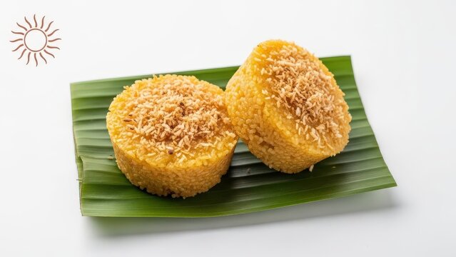 Traditional Malagasy Mofo Gasy Sweet Rice Cakes on Banana Leaf with Terracotta Sun Symbol and Copy Space