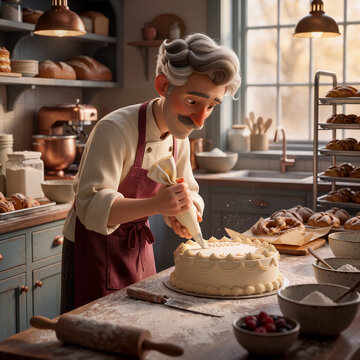3D Cartoon Character Illustration of a Senior Artisan Baker Decorating a Cake