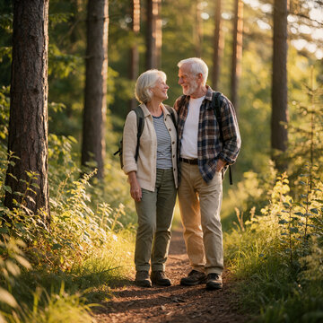 Happy Senior Couple Hiking on a Sunlit Forest Trail