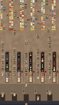 Top down view of supermarket checkout lanes with shoppers pushing carts in queue, cashiers scanning groceries on conveyor belts, seamless loop in soft brown tones vertical 9:16