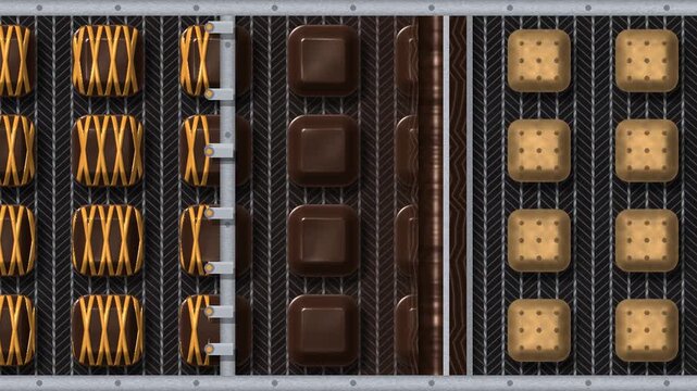 Chocolate enrobing line top view, biscuits coated under a chocolate curtain and decorated with drizzle, seamless loop in rich brown tones