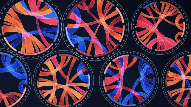 Abstract Chord Diagram Rings With Pulsing Connection Ribbons Data Visualization Seamless Loop in calm blue tones