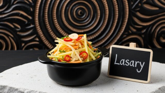 Traditional Malagasy Lasary Green Mango Relish in Stoneware with Chalkboard Sign on White Stone