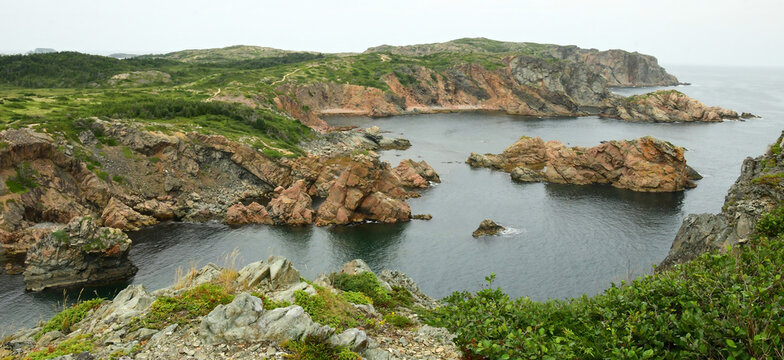 the rugged cliffs and seastacks  of spiller's  cove and  notre dame bay  on a summer day  near durrell on south twillingate island in northeastern newfoundland, canada