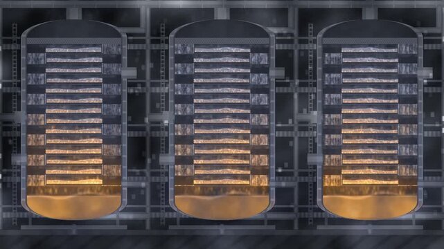Distillation column cutaway with sieve trays, bubbling froth layers and downcomer liquid cascade, seamless loop in rich reflux tones