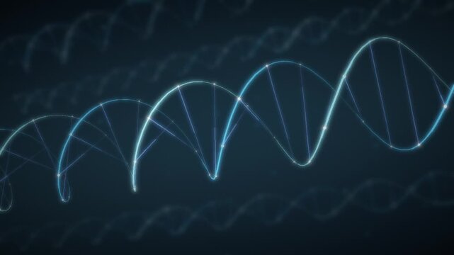 Rotating DNA Double Helix with Glowing Strands and Base Pairs seamless loop in calm cyan tones