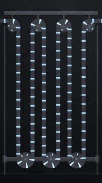 Festoon accumulator web loops breathing between roller banks, industrial process machine, seamless loop in vibrant grey tones vertical 9:16
