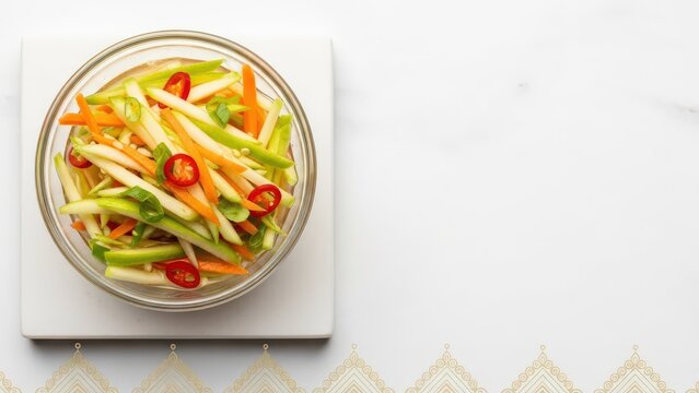 Gourmet Malagasy Lasary Green Mango Relish in Crystal Ramekin on White Stone with Copy Space