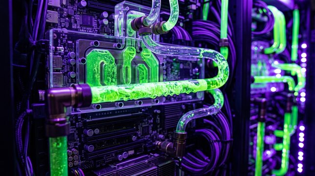High-End Custom Water Cooled Gaming PC with Glowing Neon Green Liquid and Purple UV Lighting