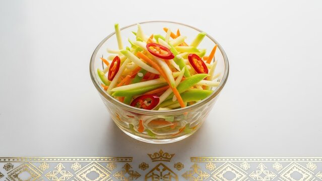 Gourmet Malagasy Lasary Green Mango Relish in Crystal Ramekin on White Stone with Copy Space