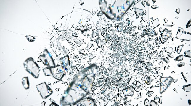 Shattered Glass Shards Exploding and Flying Isolated on White Background
