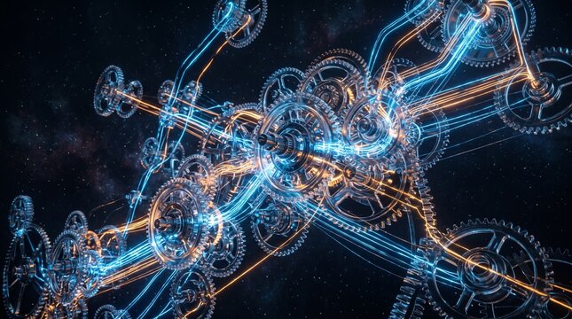Futuristic Glowing Gears and Mechanical Clockwork Connected by Blue and Orange Light Energy Trails on Dark Background