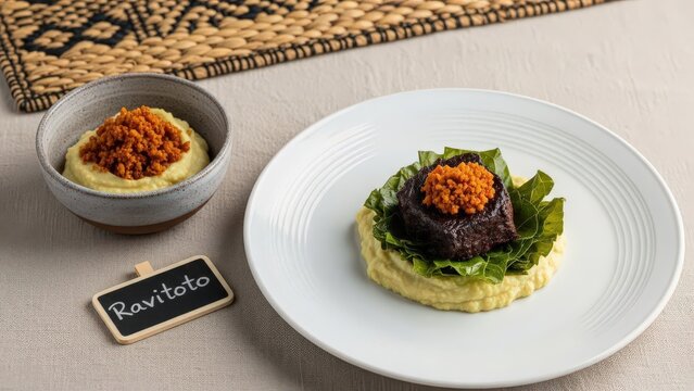 Gourmet Malagasy Ravitoto Cassava Leaf Puree with Confit Zebu Cheek and Chalkboard Sign